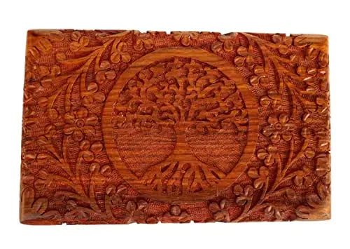 Hand Carved Wooden Jewelry Box With Tree Of Life Design