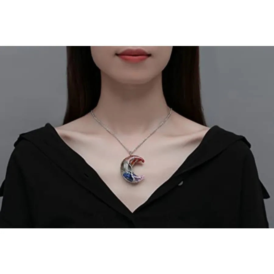 Healing Crystal Tree Life Crescent Moon Wire Wrapped Necklace
