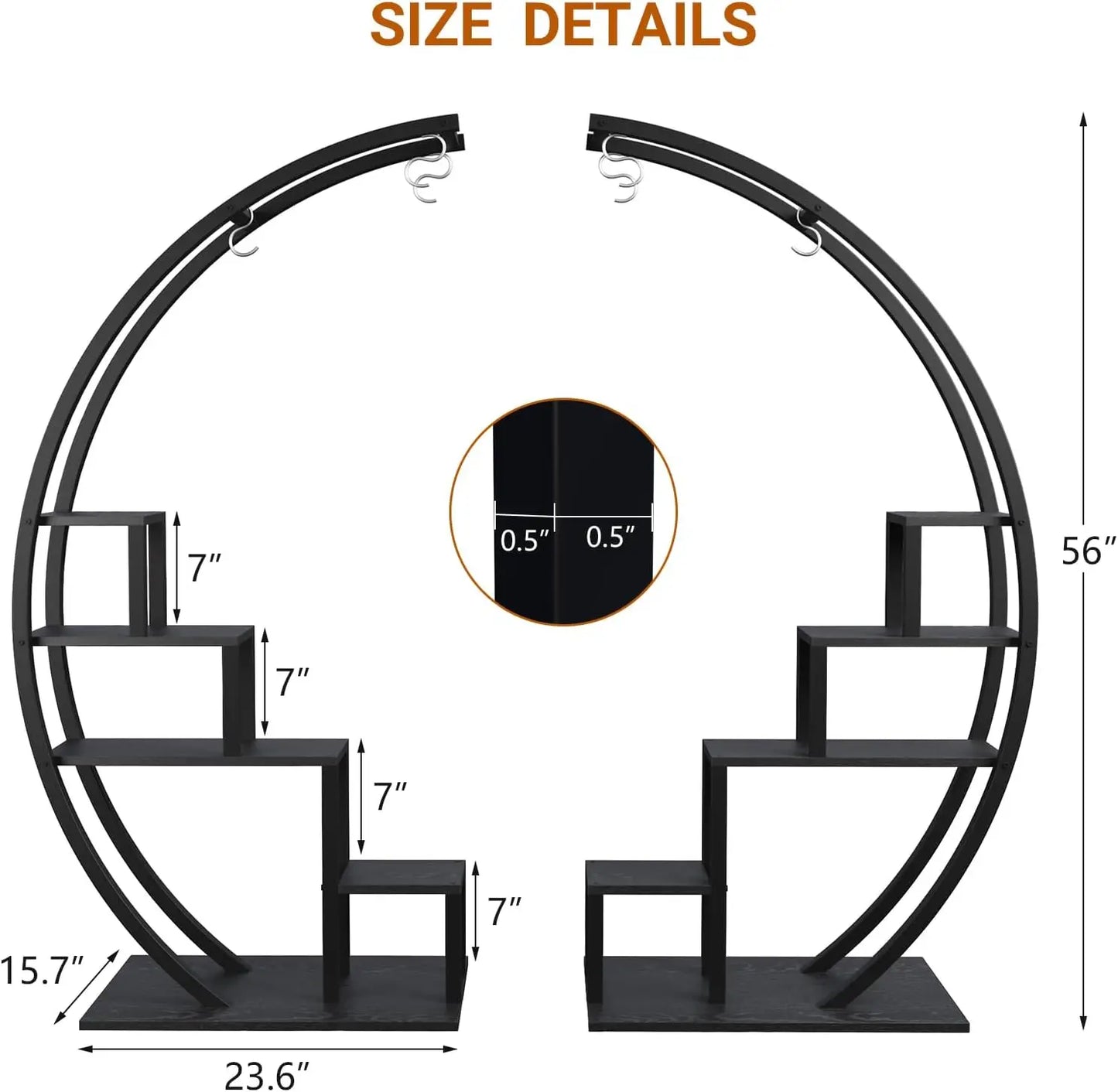 HiMISS 5 Tier Metal Plant Stand Half Moon Indoor Plant Shelf With Hooks