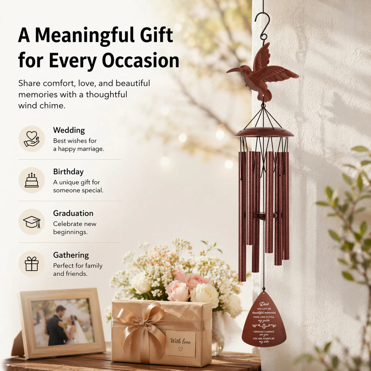 Hummingbird Memorial Wind Chime Weather Resistant Outdoor Garden Decor