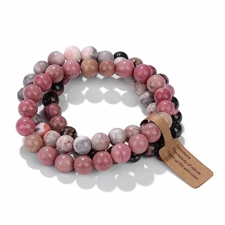 Healing Crystal Bracelets Set Pink Zebra Jasper, Rhodochrosite, and Rhodonite Stone Beaded Unisex Stretch