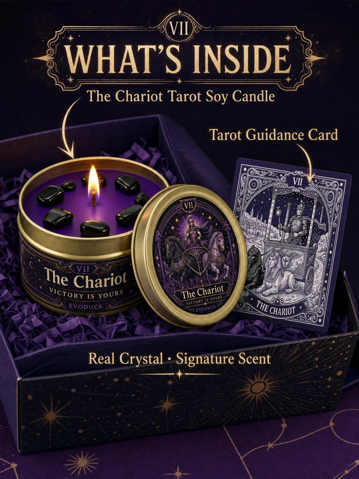 Evoduck Chariot Tarot Scented Candle With Natural Crystal Stones