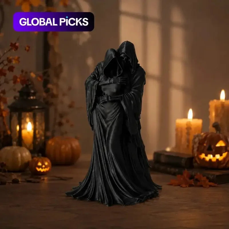 Gothic Reaper Couple Statue Hooded Embrace Figurine Romantic Home Decor