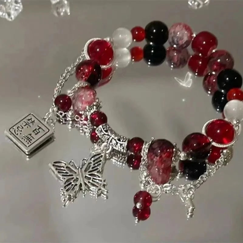 Women Vintage Elastic Beaded Bracelet With Crystal Feather Pendant