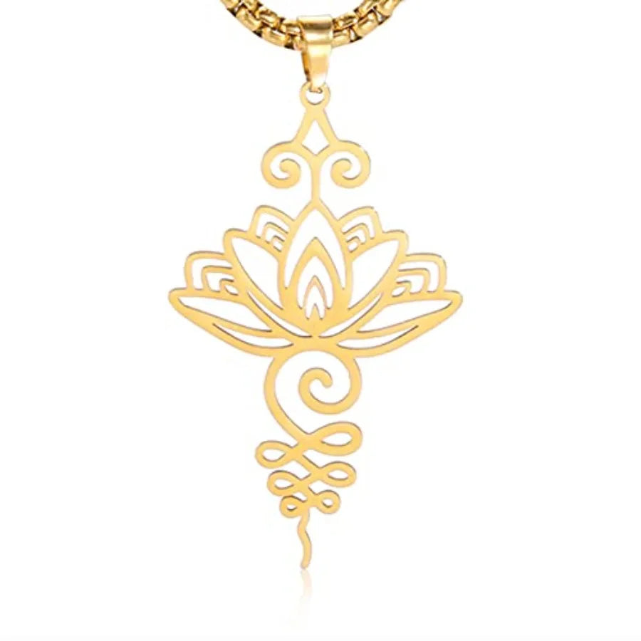 Lotus Flower Pendant Necklace Stainless Steel Unalome Charm Jewelry