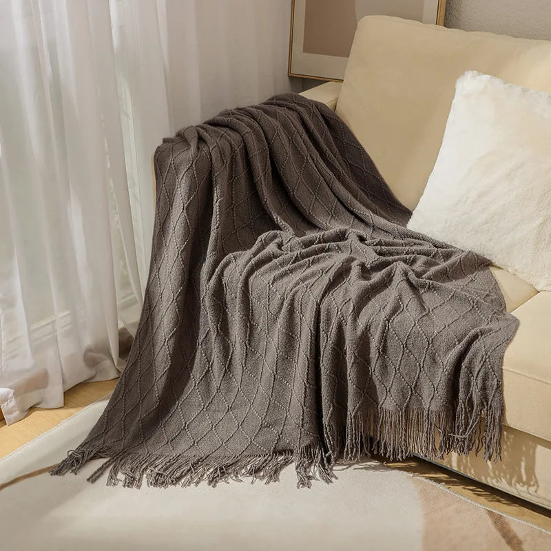 Knit Throw Blanket With Tassels All Acrylic Vintage Farmhouse