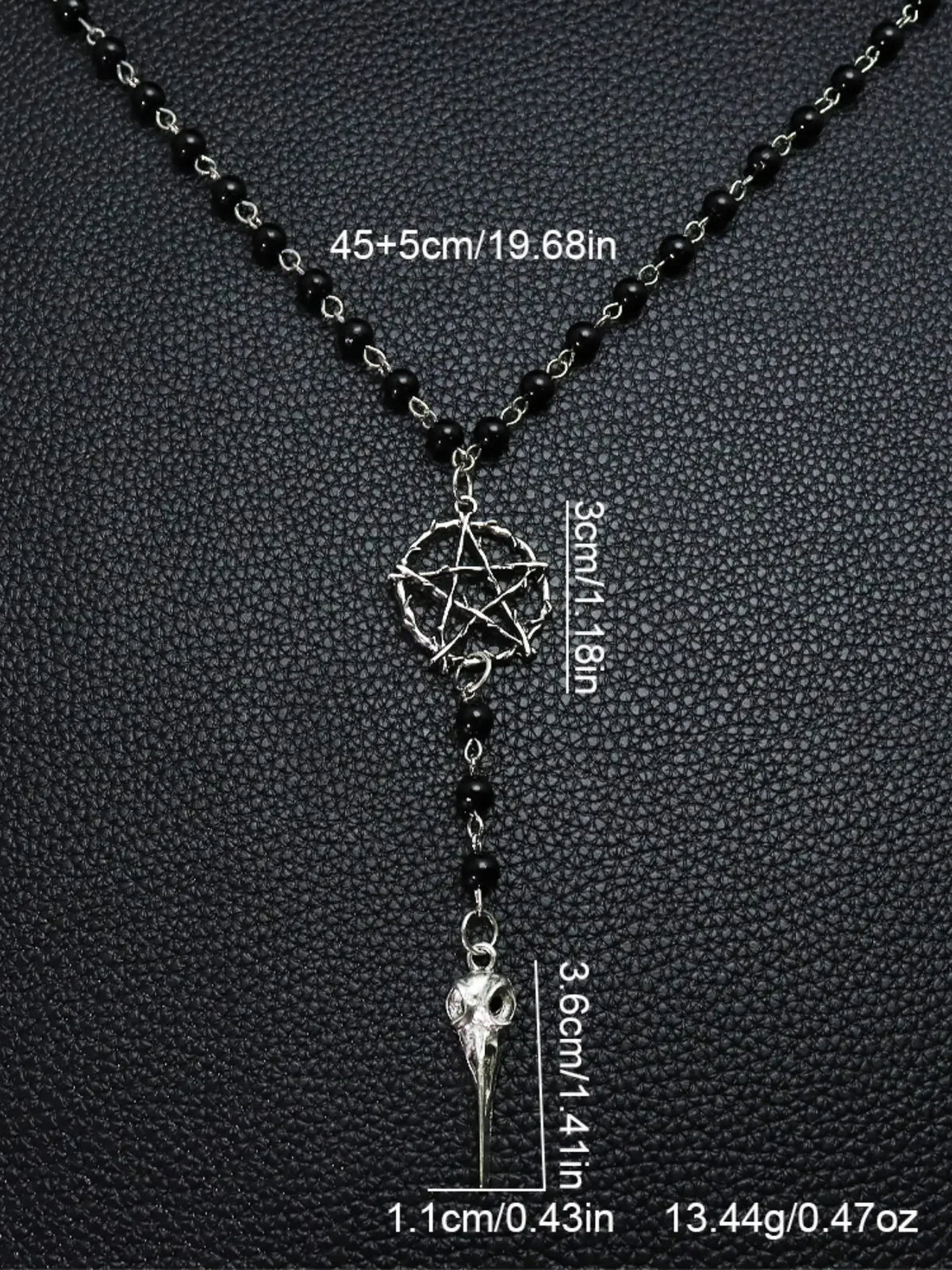 Gothic Pentagram Ankh Beaded Necklace With Crow Skull Pendant