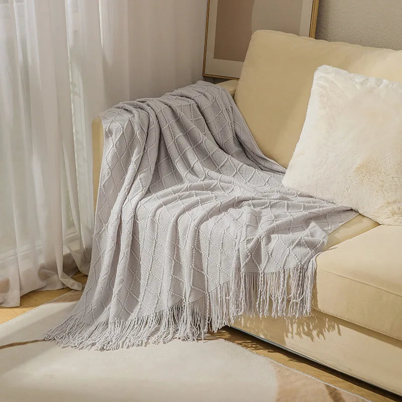 Knit Throw Blanket With Tassels All Acrylic Vintage Farmhouse