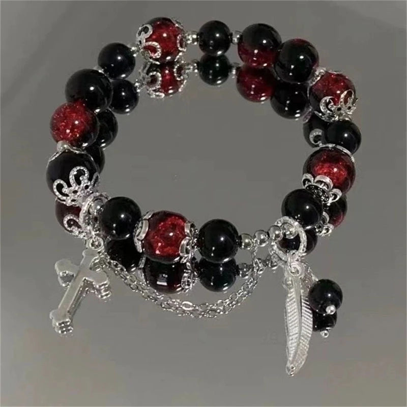 Women Vintage Elastic Beaded Bracelet With Crystal Feather Pendant