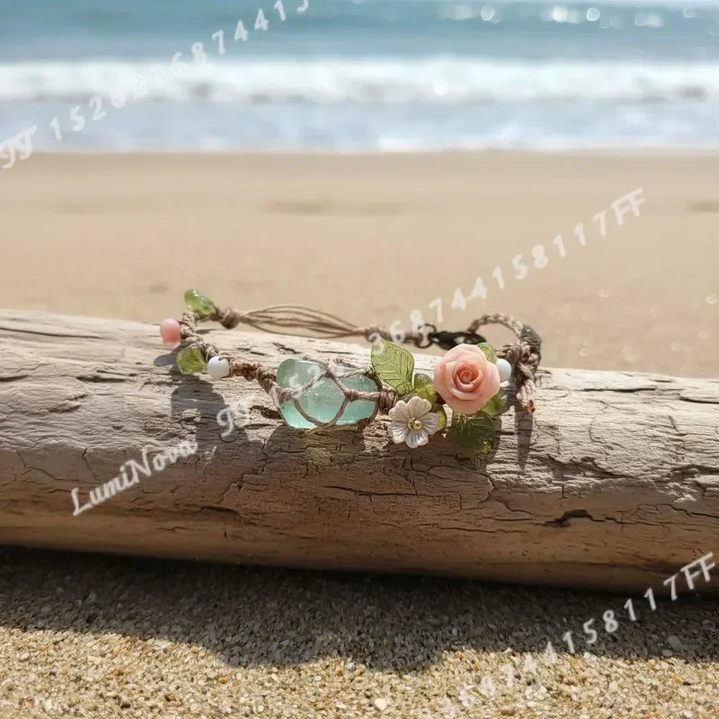 Boho Vintage Macrame Woven Bracelet With Crystal Flower Charm