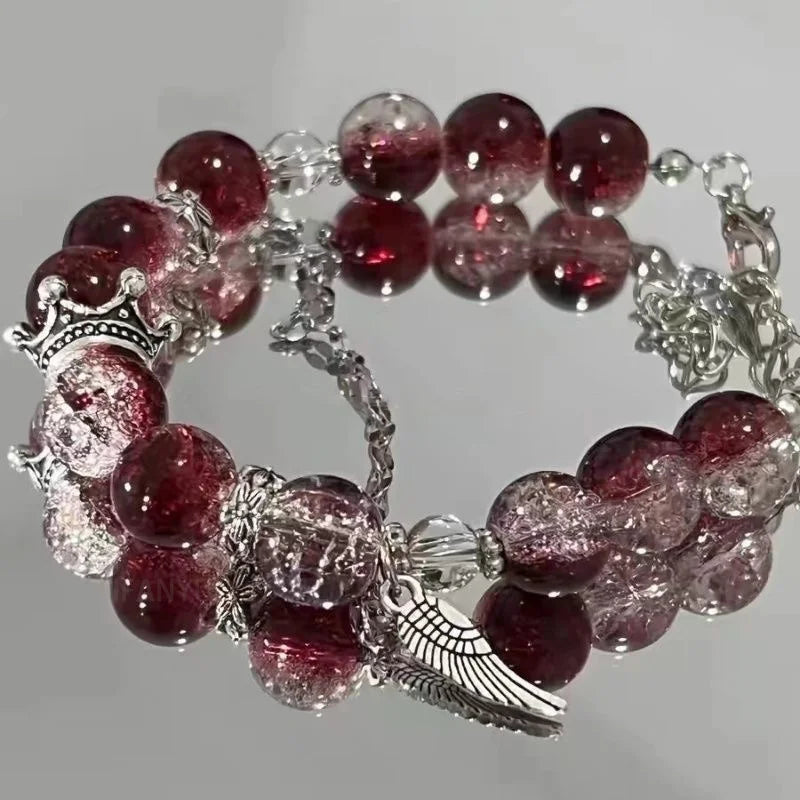 Women Vintage Elastic Beaded Bracelet With Crystal Feather Pendant