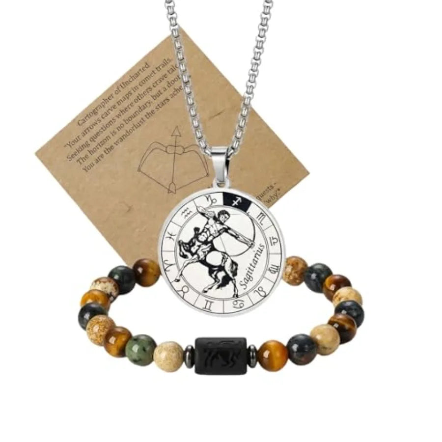 Zodiac Constellation Jewelry Set Stainless Steel Necklace and Stone Bracelet