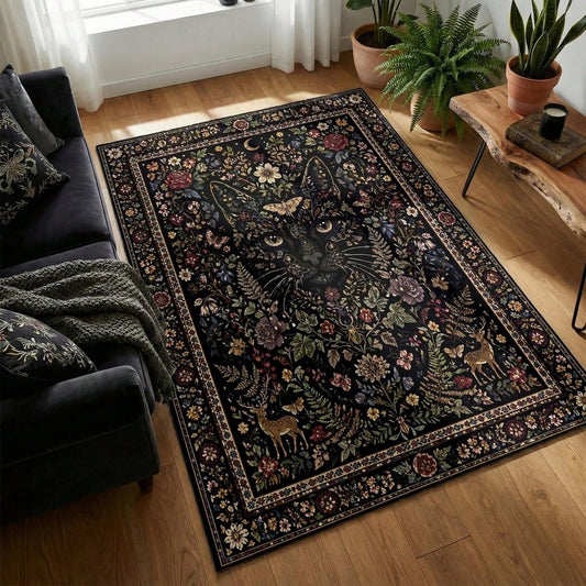 Boho Non-Woven Polyester Area Rug with Dark Gothic Floral Design
