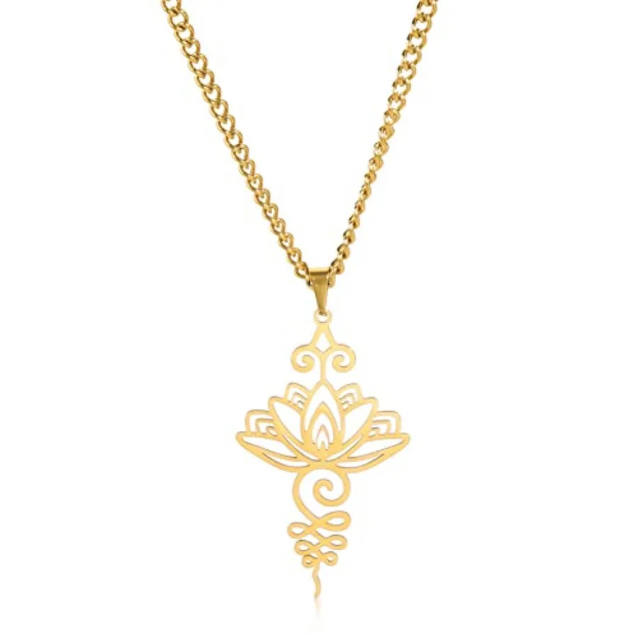 Lotus Flower Pendant Necklace Stainless Steel Unalome Charm Jewelry