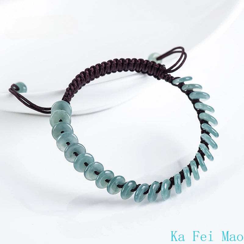 Natural Jadeite Blue Water Peace Buckle Hand Woven Bracelet