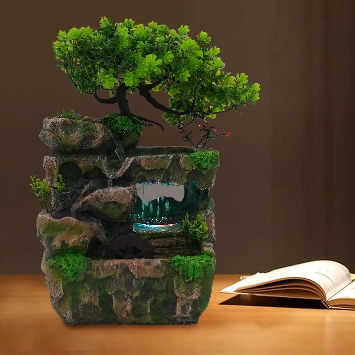 Indoor Tabletop Waterfall Fountain With Auto Pump And LED Light