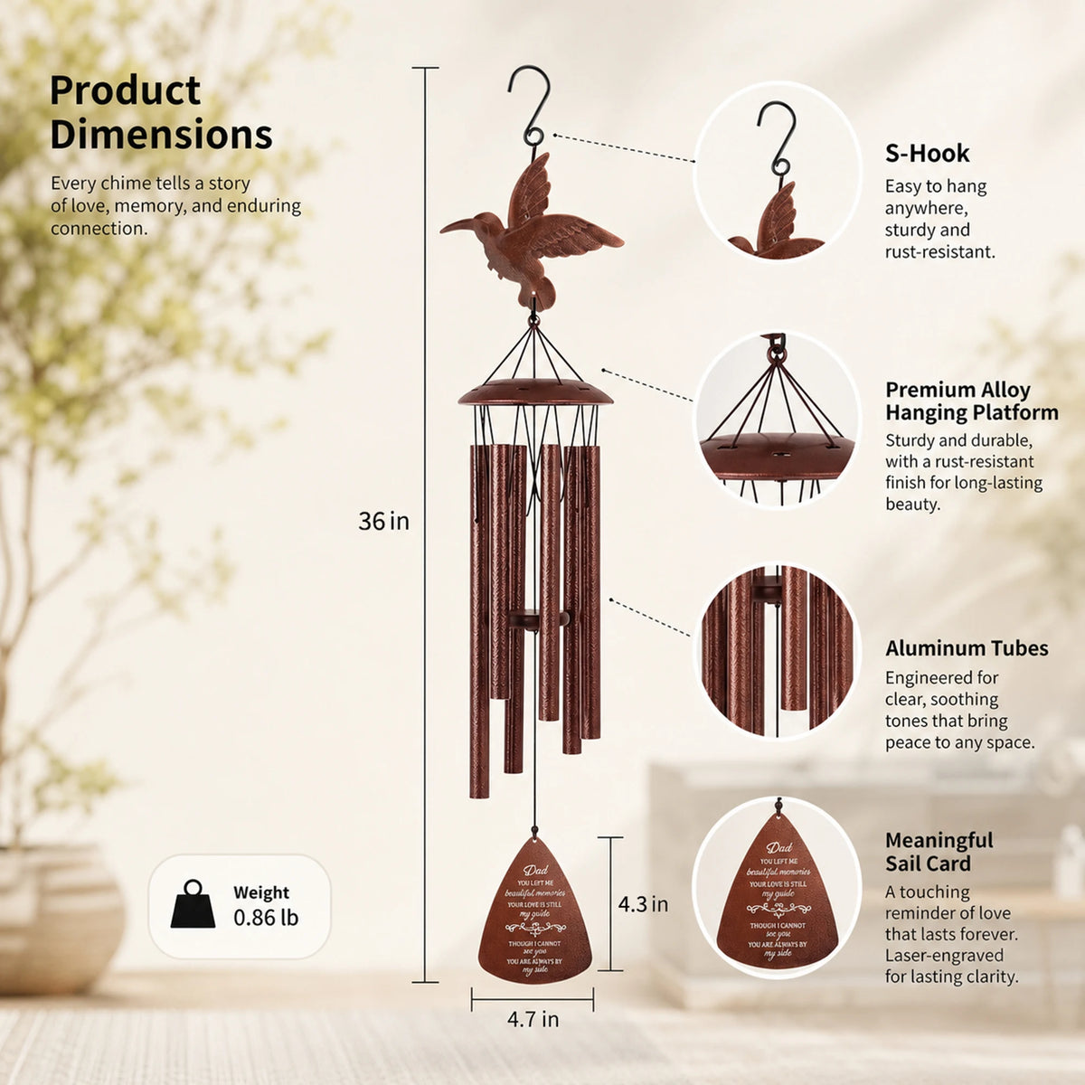 Hummingbird Memorial Wind Chime Weather Resistant Outdoor Garden Decor