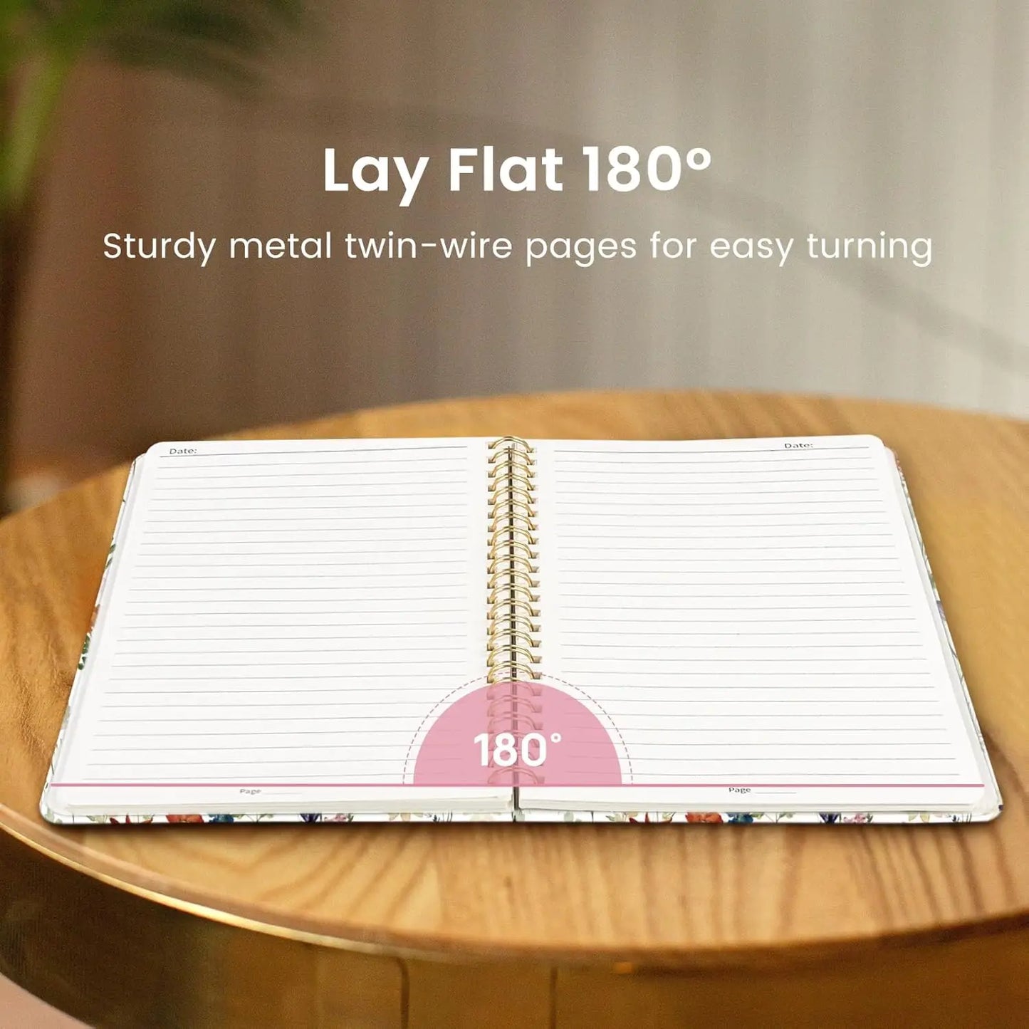Spiral Journal Notebook Hardcover Lined Aesthetic Writing, 140 Pages Floral Design