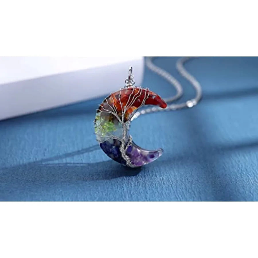Healing Crystal Tree Life Crescent Moon Wire Wrapped Necklace