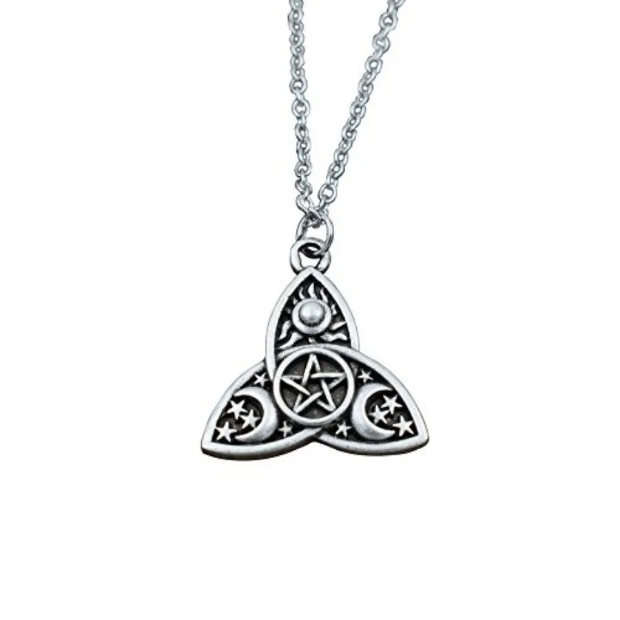 Triple Moon Goddess Triquetra Pentacle Necklace Stainless Steel