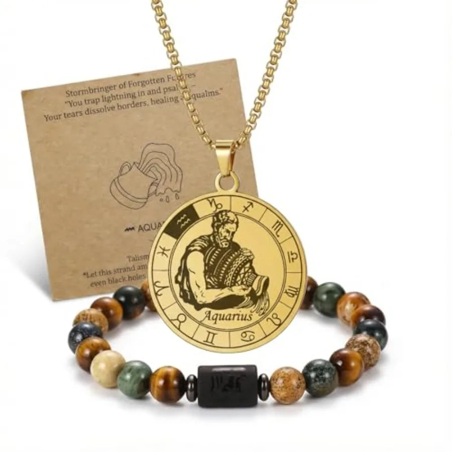 Zodiac Constellation Jewelry Set Stainless Steel Necklace and Stone Bracelet