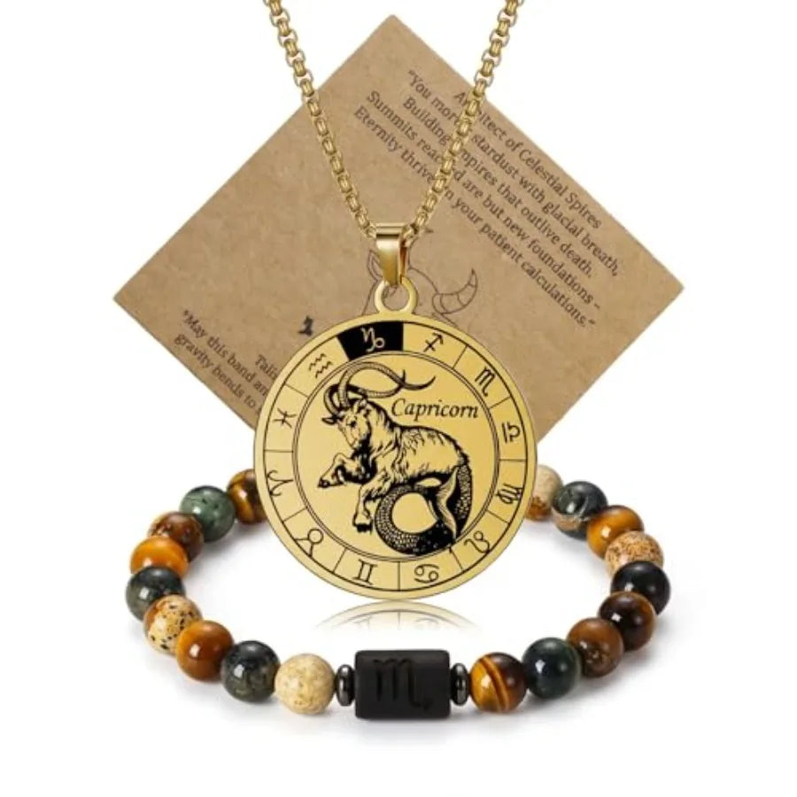 Zodiac Constellation Jewelry Set Stainless Steel Necklace and Stone Bracelet