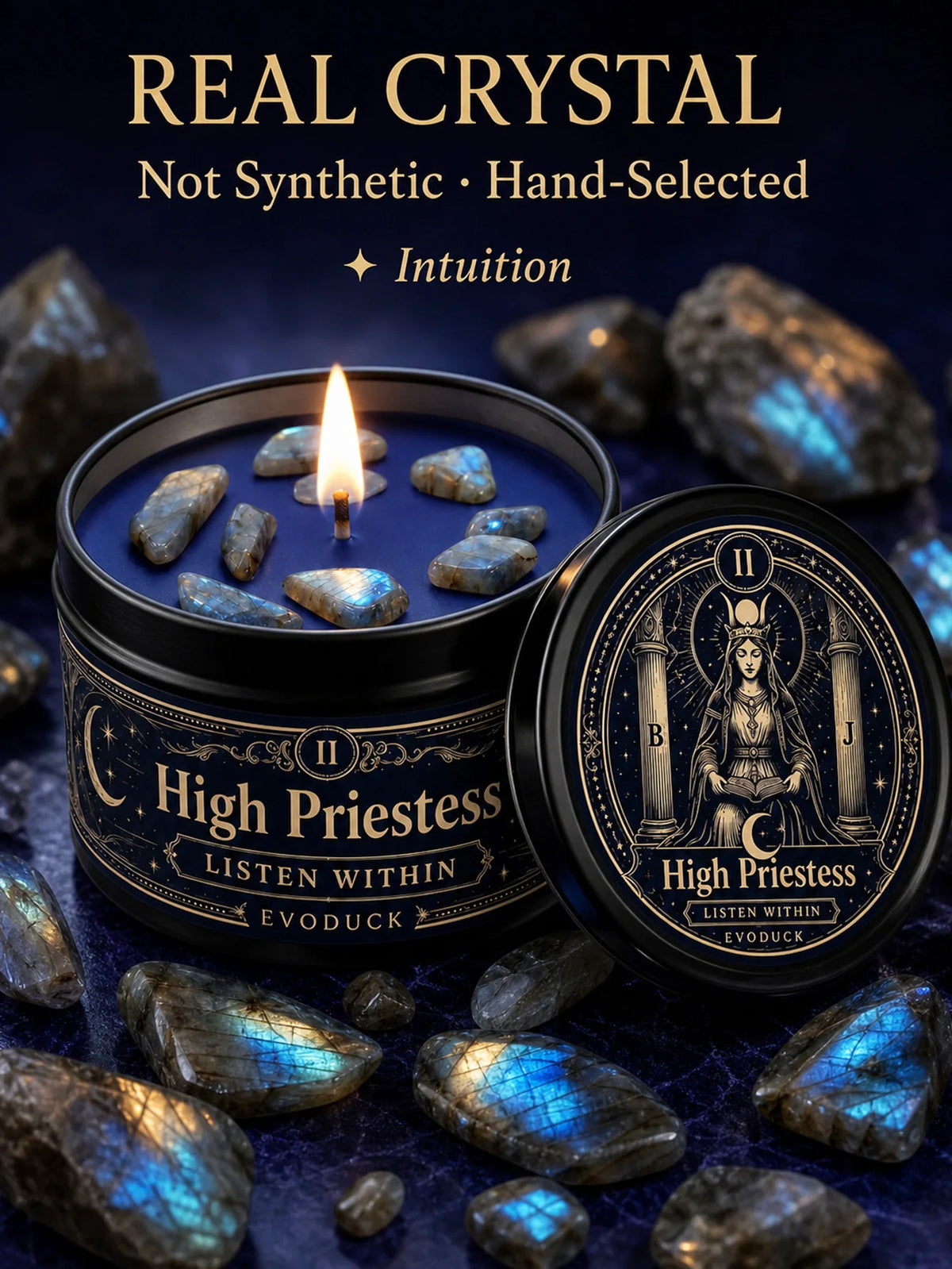 Evoduck High Priestess Tarot Scented Ritual Candle With Crystal Stones