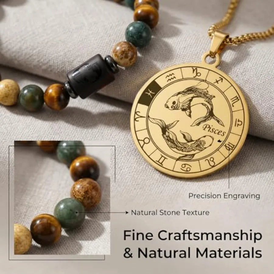 Zodiac Constellation Jewelry Set Stainless Steel Necklace and Stone Bracelet
