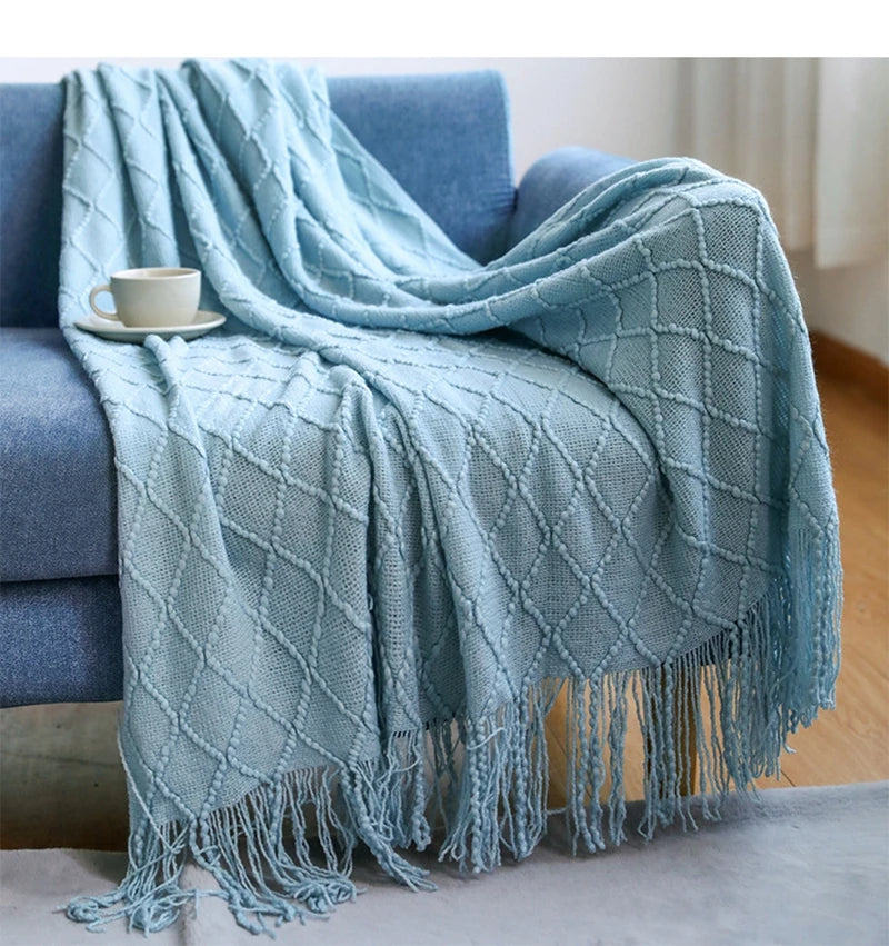 Knit Throw Blanket With Tassels All Acrylic Vintage Farmhouse