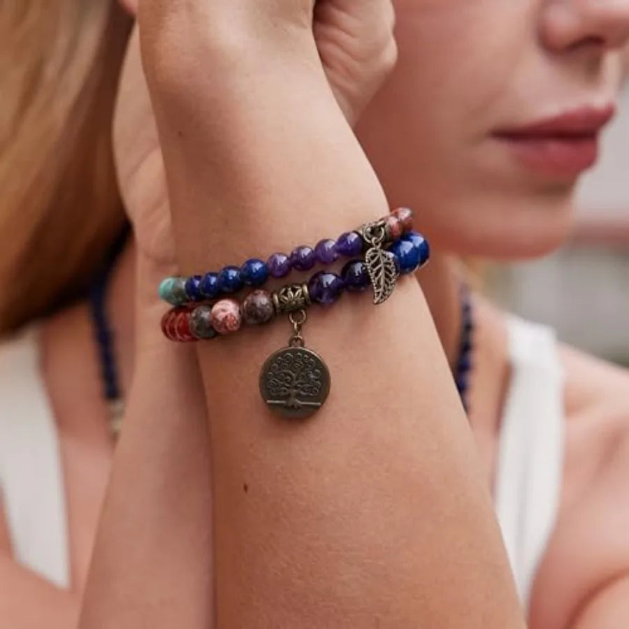 Life Tree and Leaf Charm Energy Reiki Crystal Stretch Bracelets