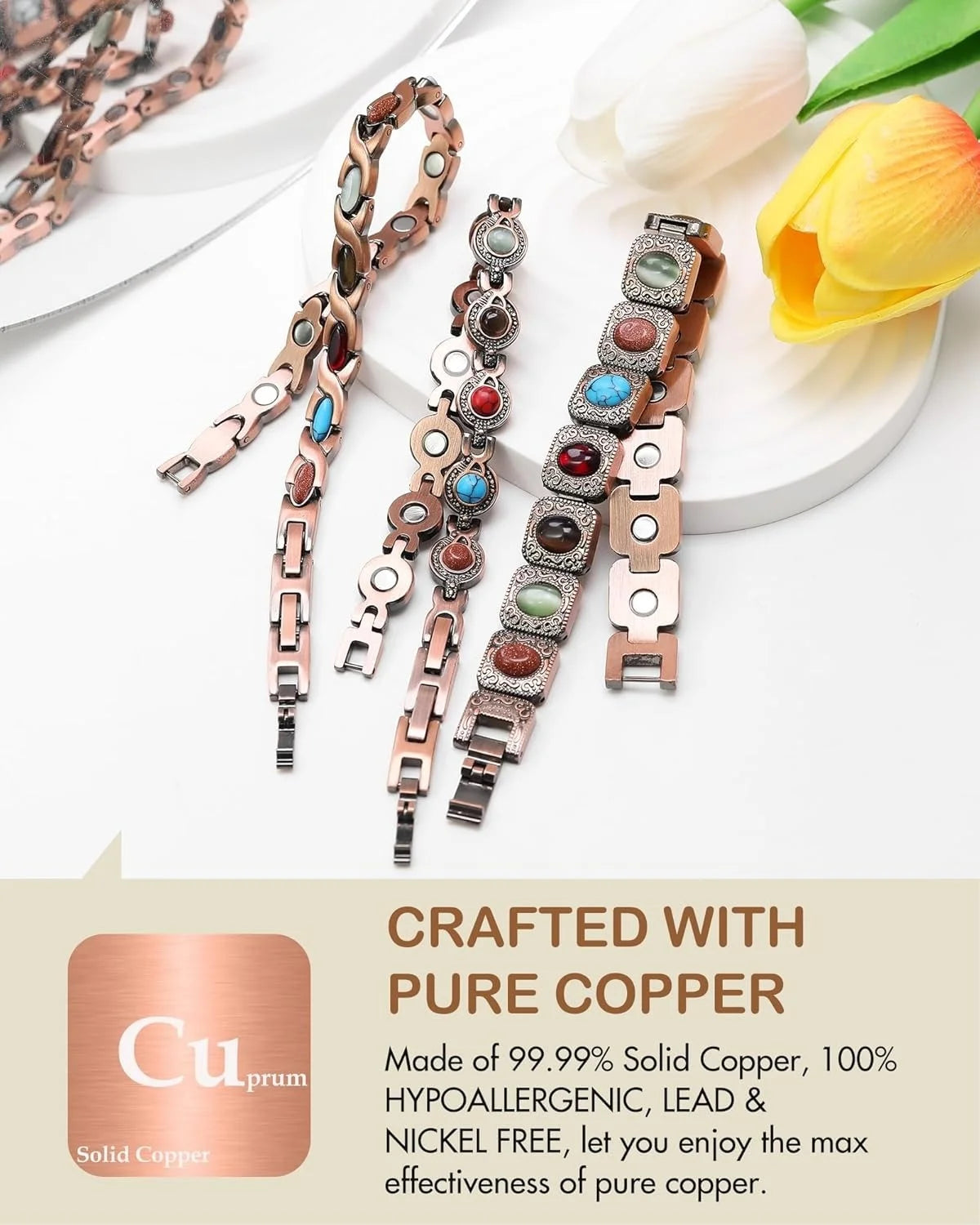 Copper Magnetic Bracelet With Turquoise And Stones Adjustable