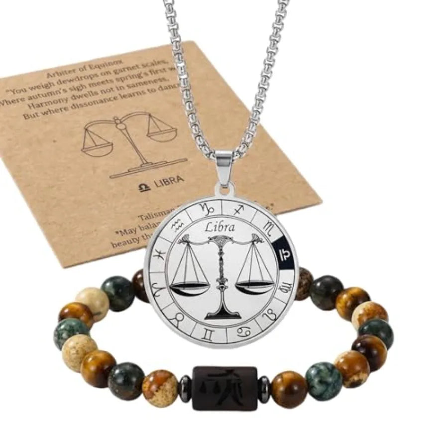 Zodiac Constellation Jewelry Set Stainless Steel Necklace and Stone Bracelet