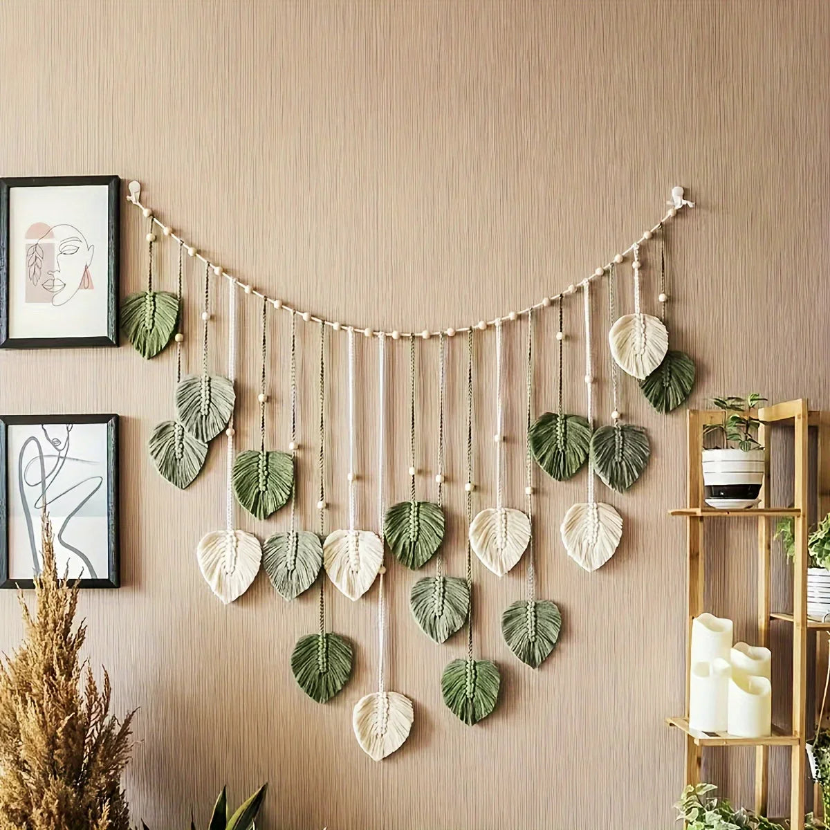Modern Woven Wall Decor With Green Leaves Bohemian Style
