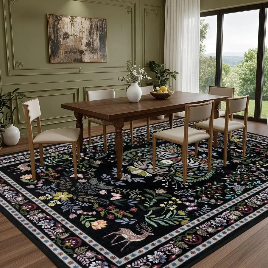 Boho Floral Living Room Rug, Washable, Stain Resistant, Non Slip