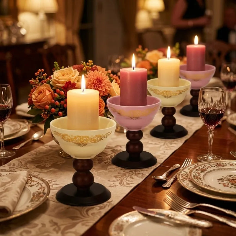 Decorative Ceramic Tea Light Candle Holder With Wooden Pedestal Base