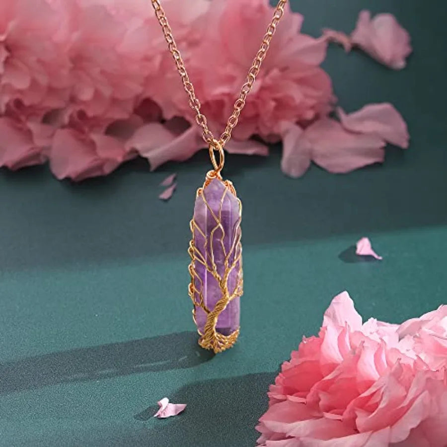 Tree Of Life Healing Crystal Necklace Wire Wrapped Quartz Pendant
