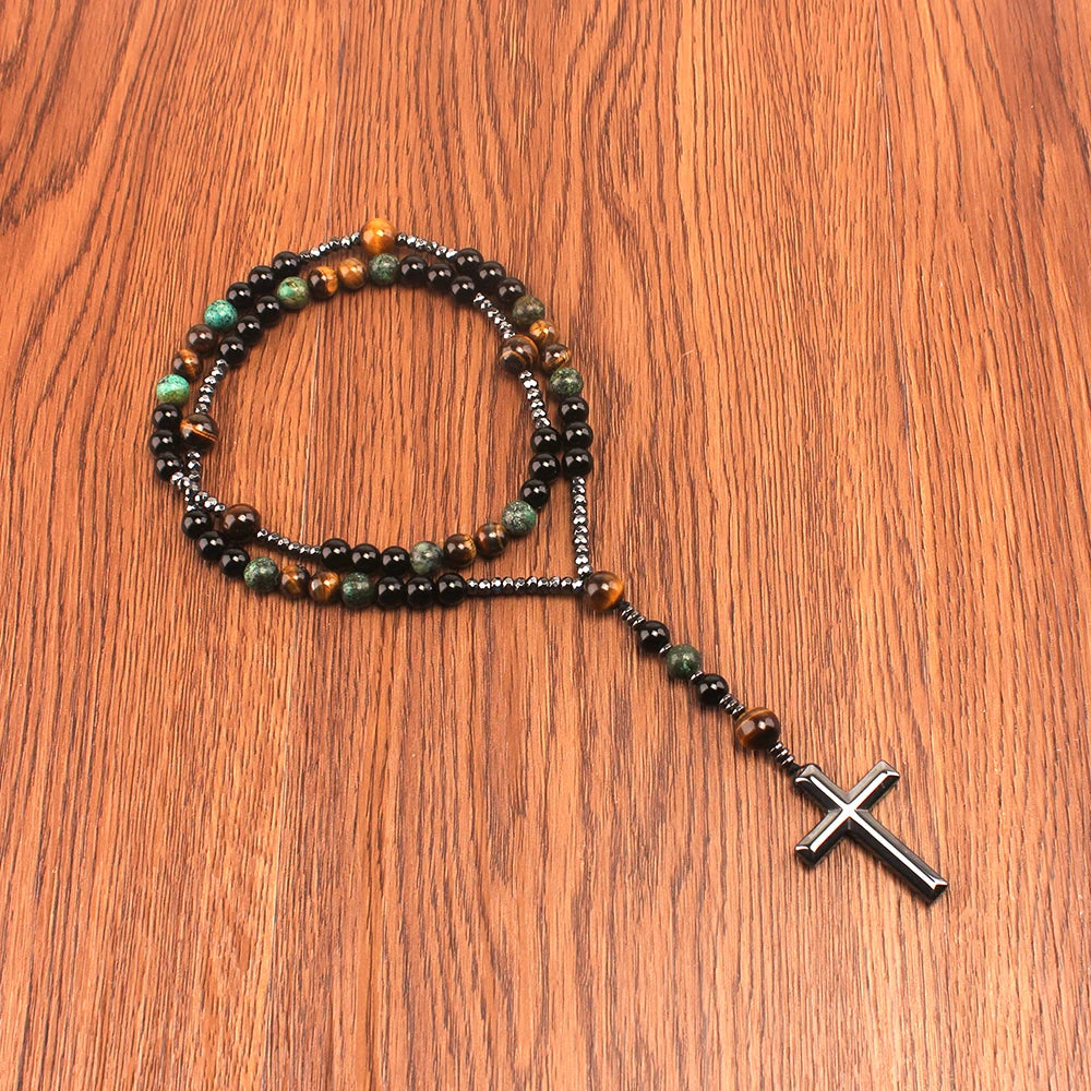 Natural Stone Africa Turquoise And Tiger Eye Beads Cross Necklace