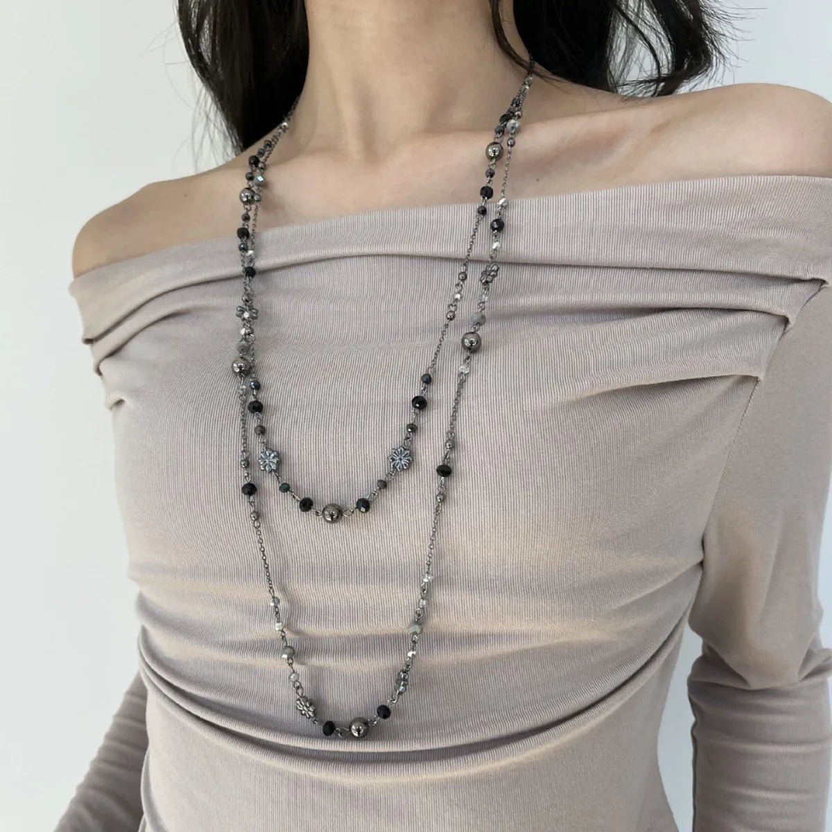 Retro Double Layer Chain Necklace Women's Bohemian Spicy Girl Vintage Long Ethnic Style Colorful Flower Beaded Sweater Chain