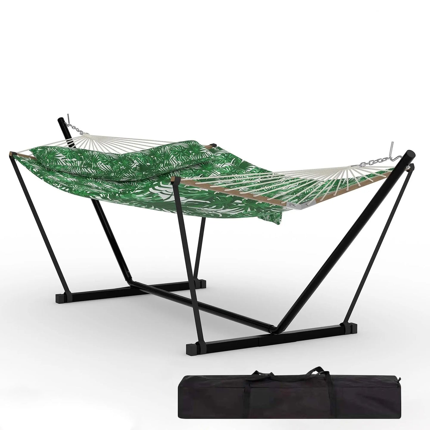 Double Outdoor Hammock For Two With Cushion And Foldable Steel Stand – Portable Heavy Duty