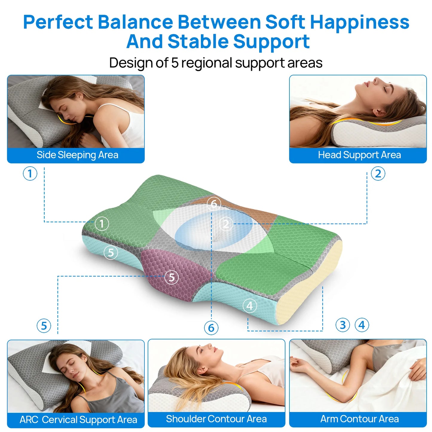 JHK Cervical Neck Double Sided Memory Foam Pillow Ergonomic Support