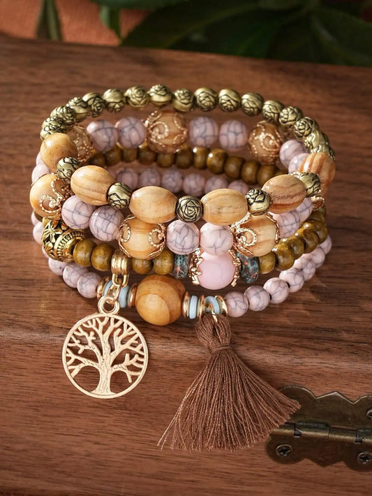 Boho Life Tree Tassel Wooden Beads Bracelet Set