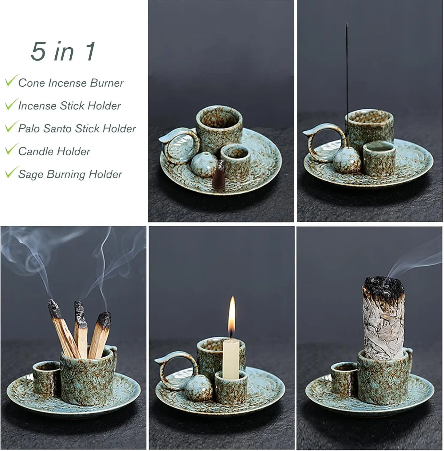Ceramic 4-In-1 Incense Burner With Handle Sage Palo Santo
