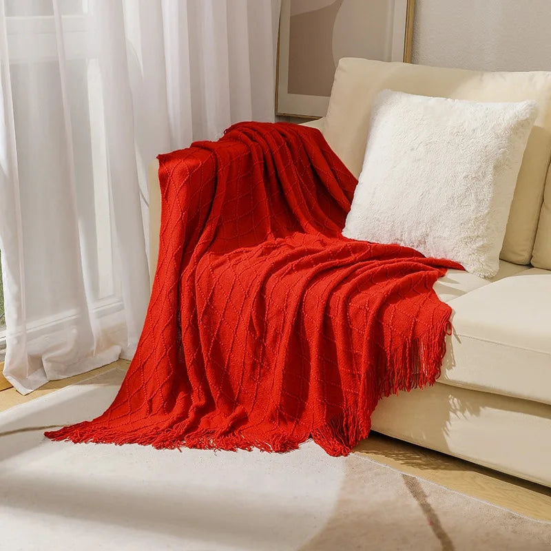 Knit Throw Blanket With Tassels All Acrylic Vintage Farmhouse