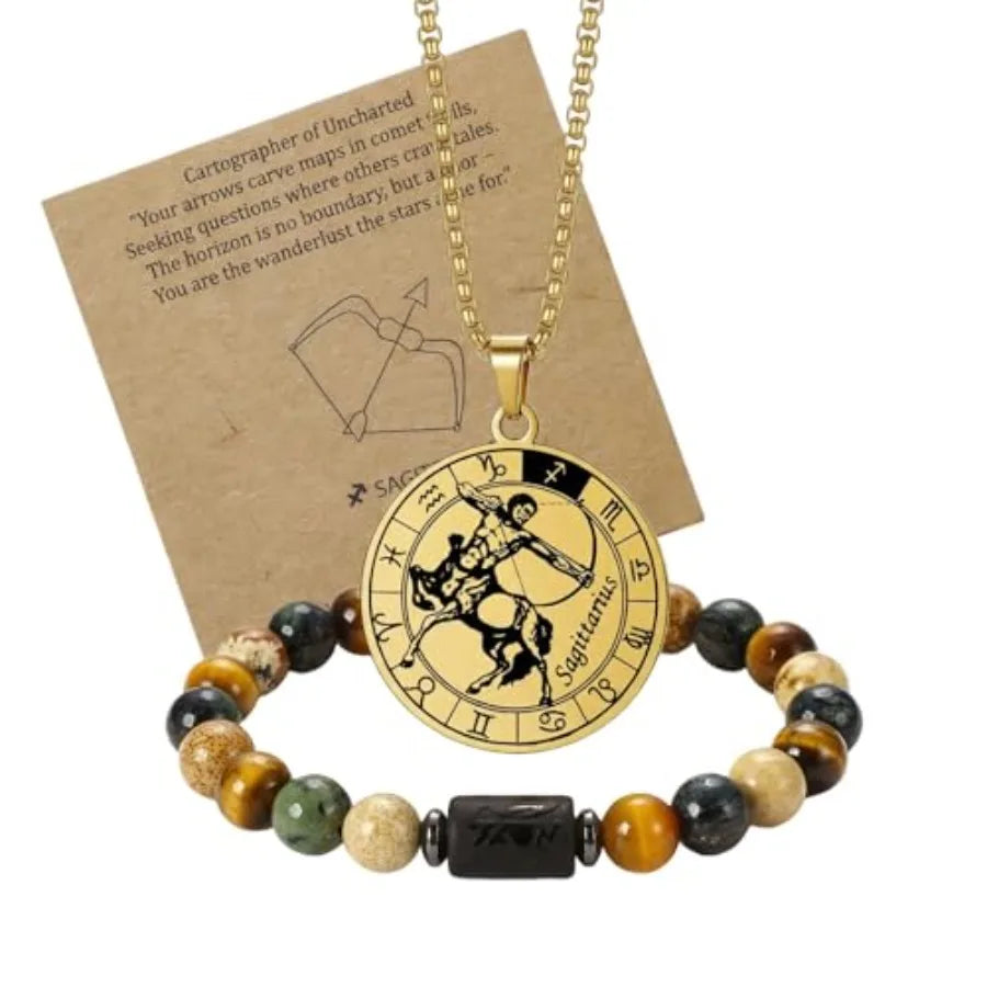 Zodiac Constellation Jewelry Set Stainless Steel Necklace and Stone Bracelet