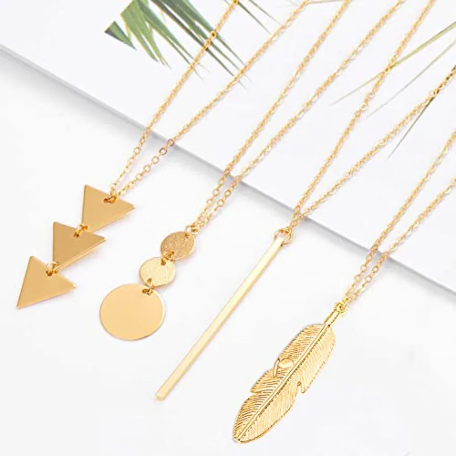 Long Pendant Necklace Set With Tassel Y Shape Feather Motifs