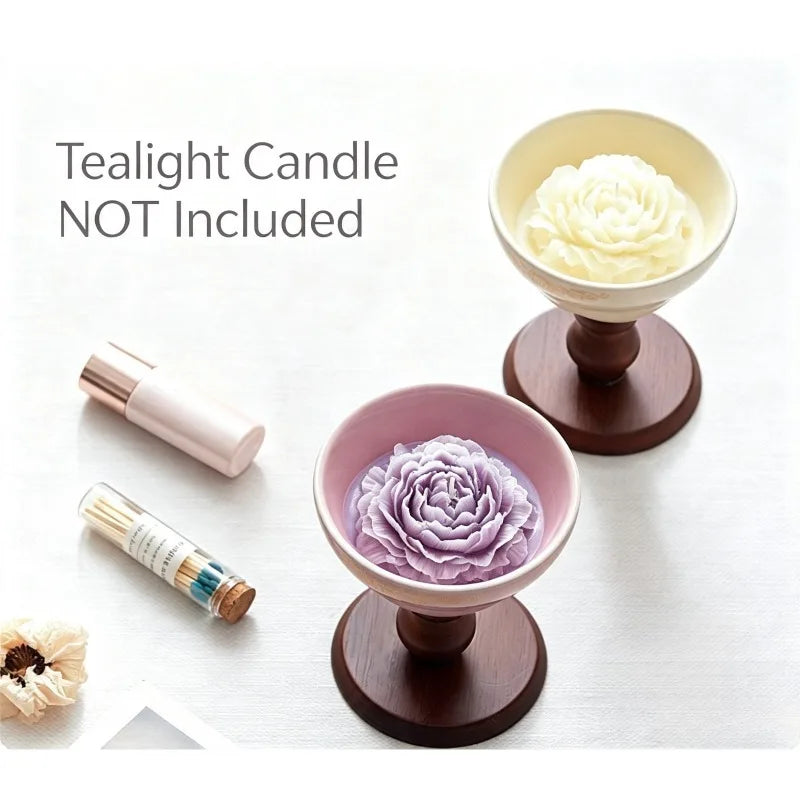 Decorative Ceramic Tea Light Candle Holder With Wooden Pedestal Base