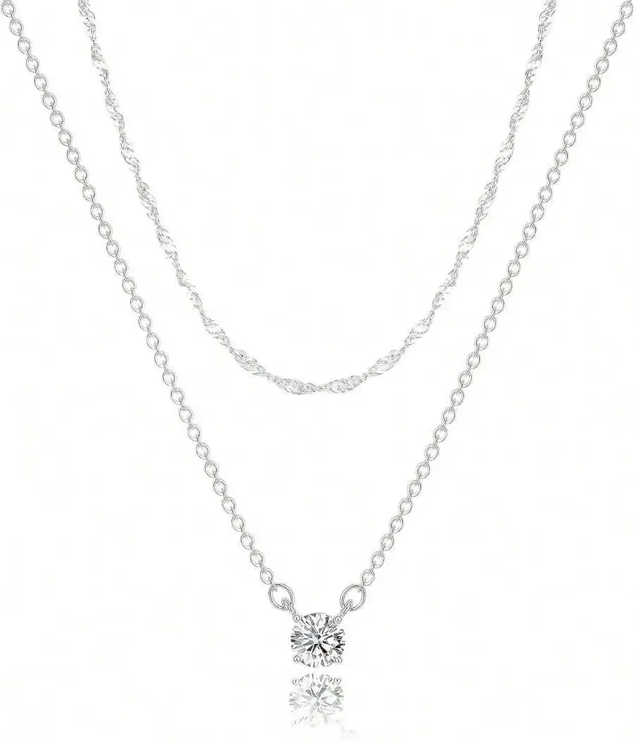 Layered CZ Pendant Necklace With Star And Crystal Charms