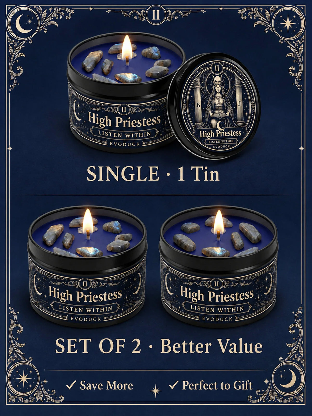 Evoduck High Priestess Tarot Scented Ritual Candle With Crystal Stones