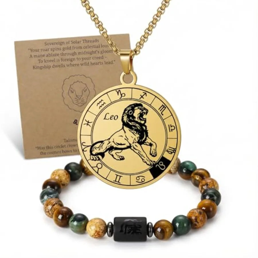Zodiac Constellation Jewelry Set Stainless Steel Necklace and Stone Bracelet