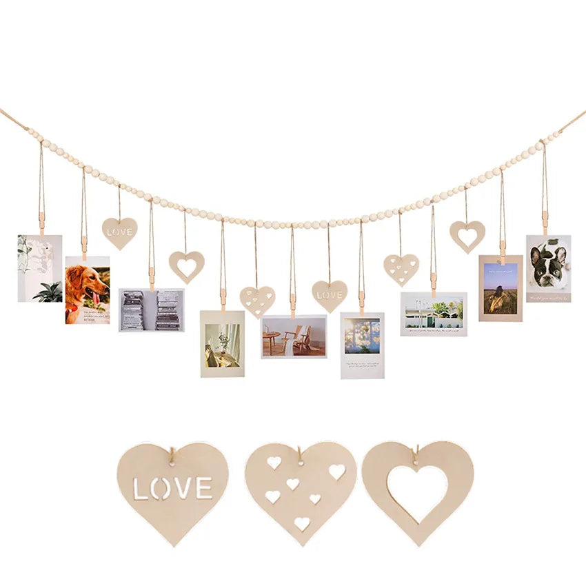 Wooden Bead Garland Hanging Photo Display Boho Wall Decor